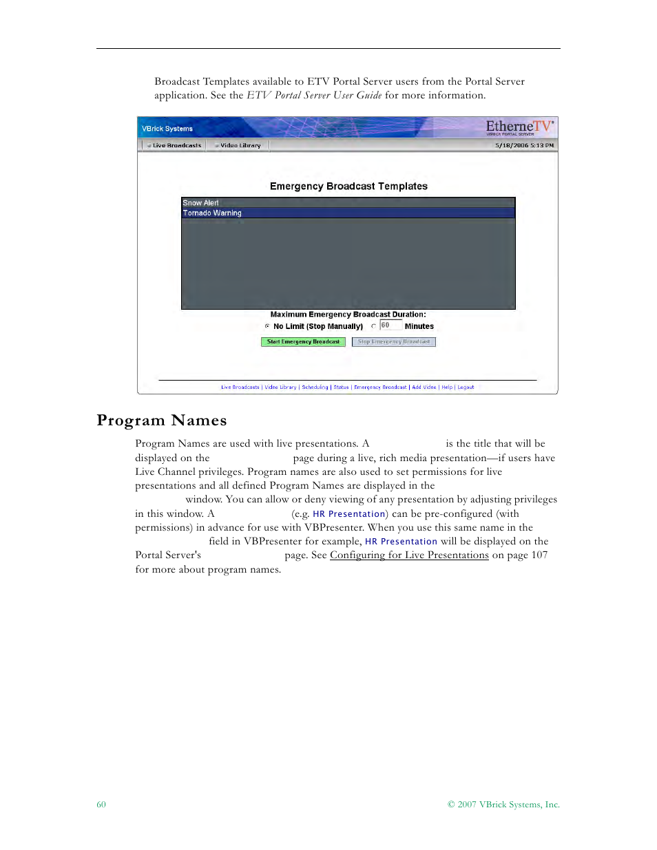 Program names | VBrick Systems Portal Server ETV v4.1 User Manual | Page 70 / 140