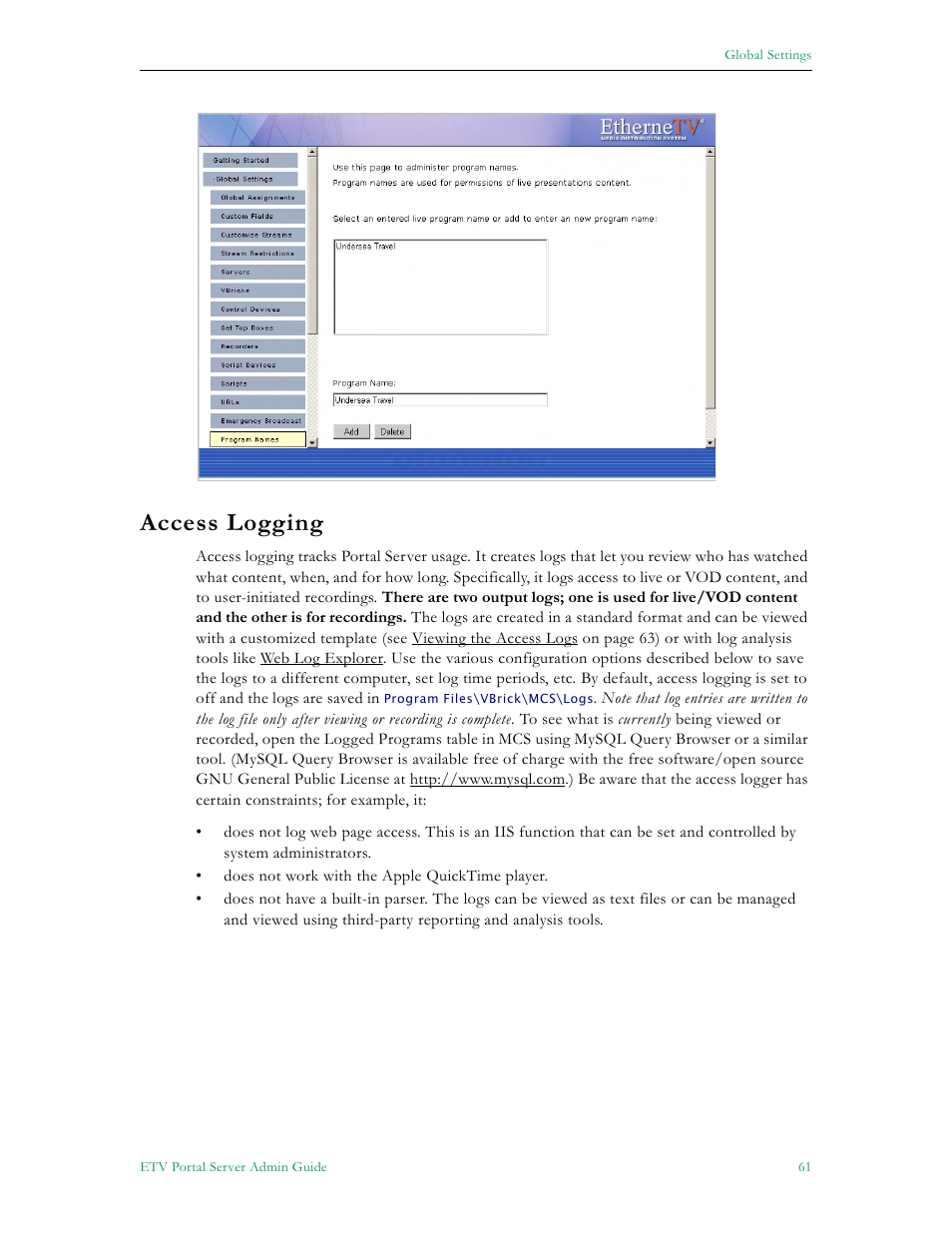 Access logging | VBrick Systems Portal Server ETV v4.1 User Manual | Page 71 / 140