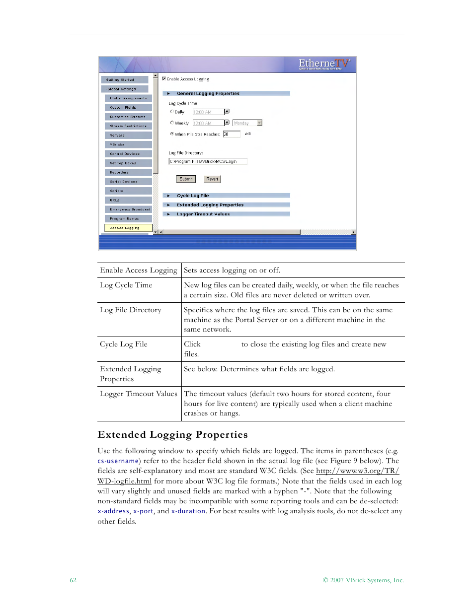 Extended logging properties | VBrick Systems Portal Server ETV v4.1 User Manual | Page 72 / 140