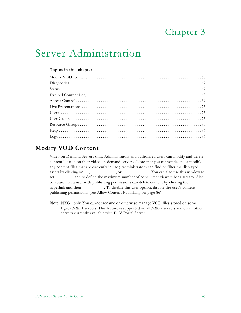 Server administration, Modify vod content, He modify vod content pa | Chapter 3 | VBrick Systems Portal Server ETV v4.1 User Manual | Page 75 / 140