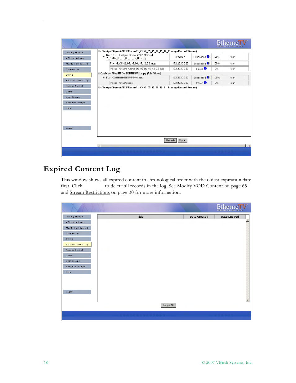 Expired content log | VBrick Systems Portal Server ETV v4.1 User Manual | Page 78 / 140