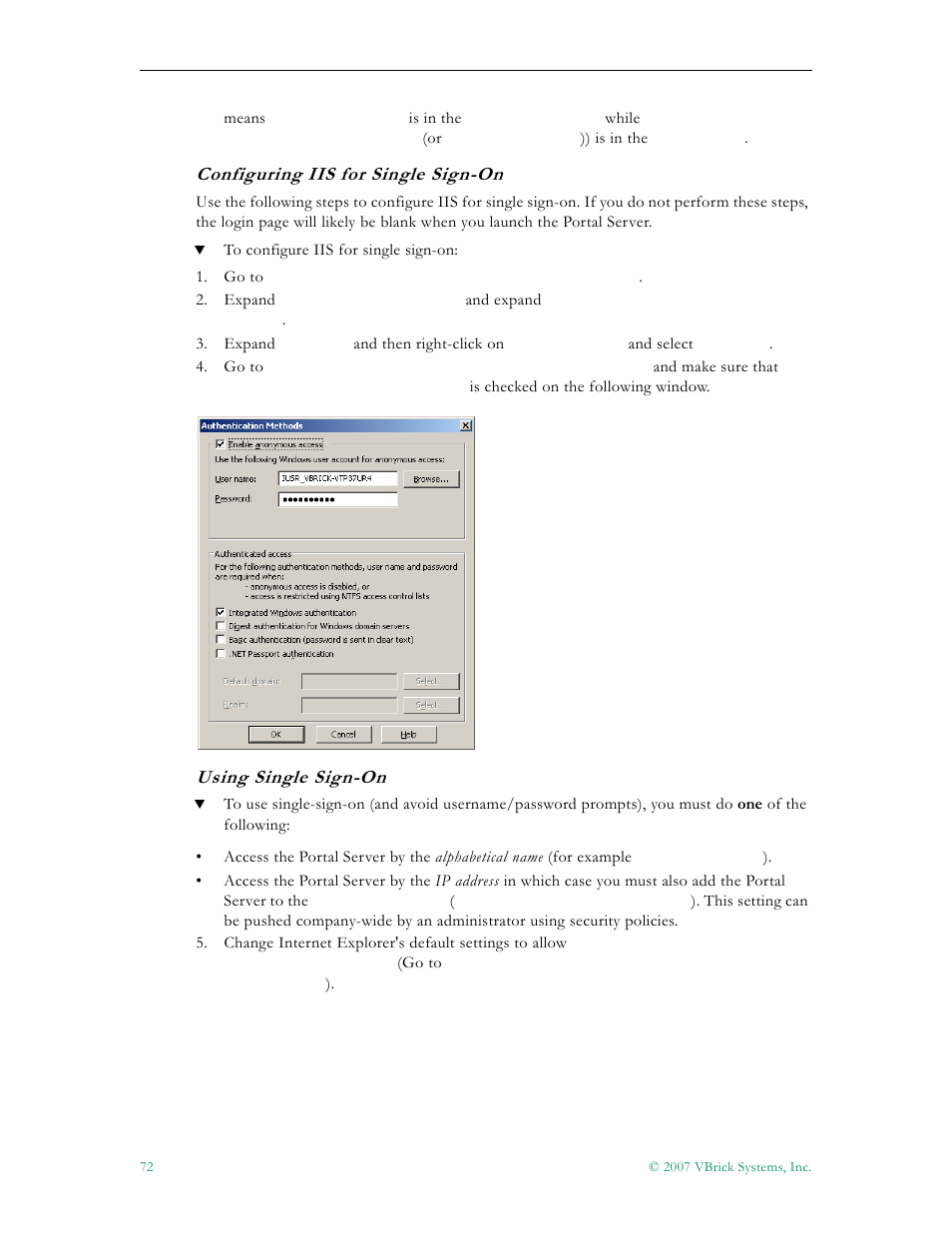 Configuring iis for single sign-on, Using single sign-on | VBrick Systems Portal Server ETV v4.1 User Manual | Page 82 / 140