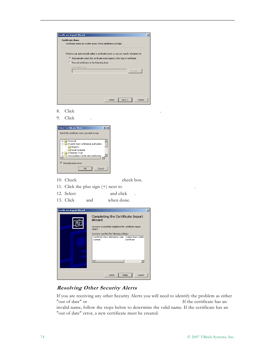 Resolving other security alerts | VBrick Systems Portal Server ETV v4.1 User Manual | Page 84 / 140