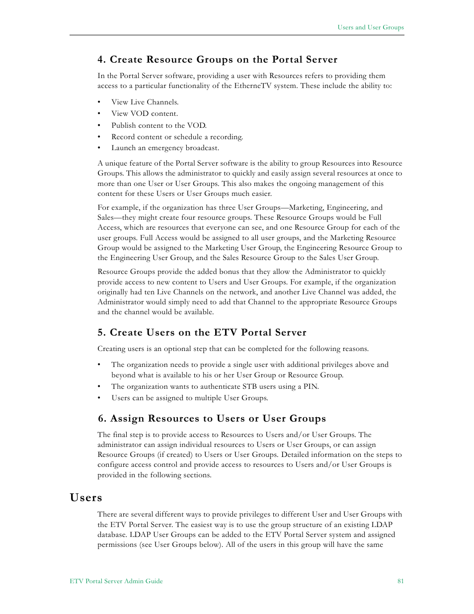 Users, Create resource groups on the portal server, Create users on the etv portal server | Assign resources to users or user groups | VBrick Systems Portal Server ETV v4.1 User Manual | Page 91 / 140