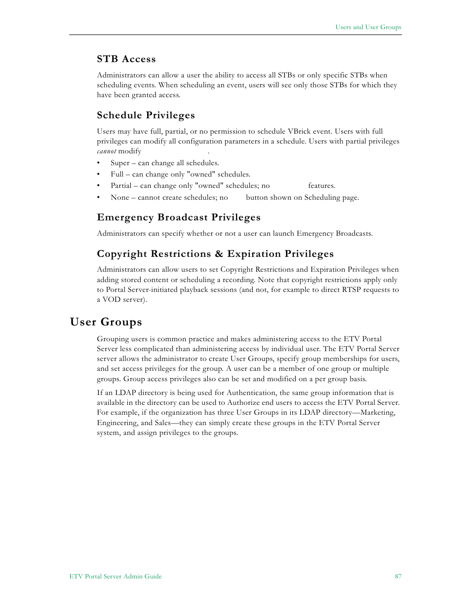 User groups, Stb access, 87 schedule privileges | 87 emergency broadcast privileges, 87 copyright restrictions & expiration privileges, Schedule privileges, Emergency broadcast privileges, Copyright restrictions & expiration privileges | VBrick Systems Portal Server ETV v4.1 User Manual | Page 97 / 140