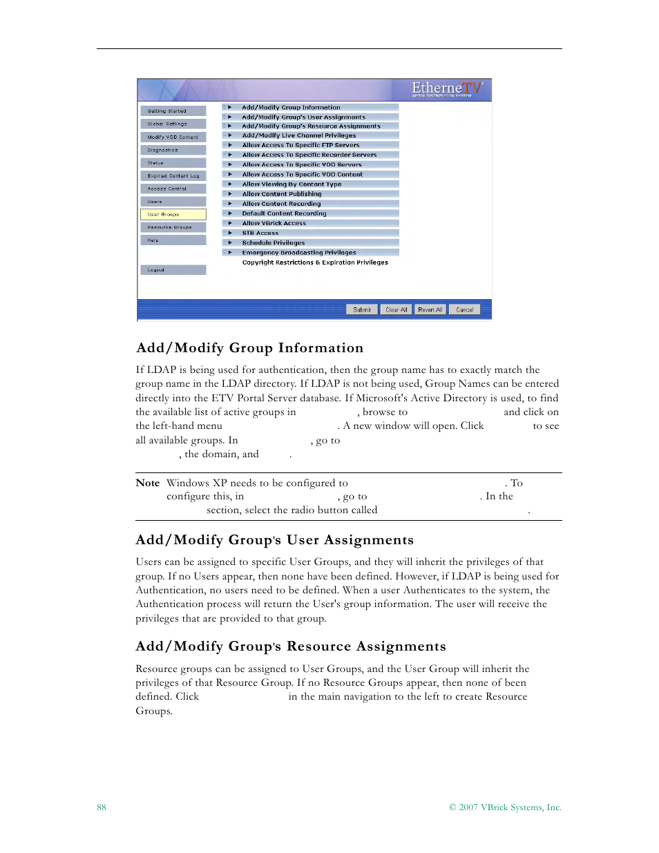 Add/modify group information, Add/modify group, S user assignments | S resource assignments | VBrick Systems Portal Server ETV v4.1 User Manual | Page 98 / 140