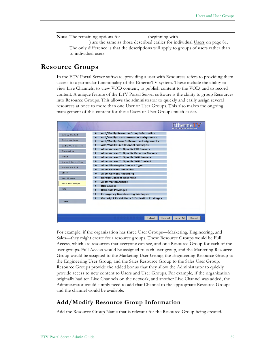 Resource groups, Add/modify resource group information | VBrick Systems Portal Server ETV v4.1 User Manual | Page 99 / 140