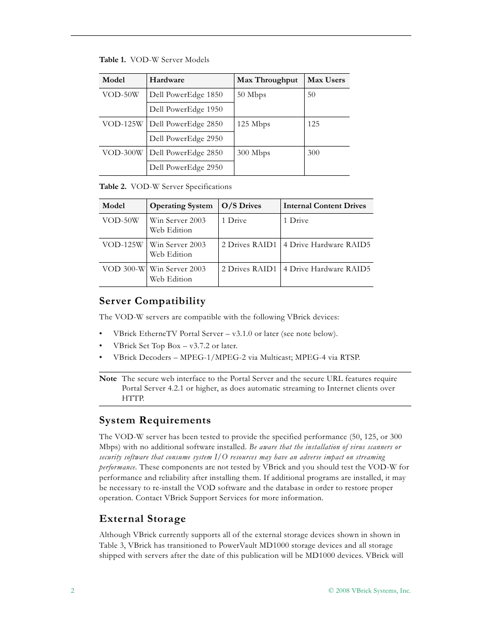 Server compatibility, System requirements, External storage | VBrick Systems VOD-W Server VBrick v4.2.3 User Manual | Page 10 / 92