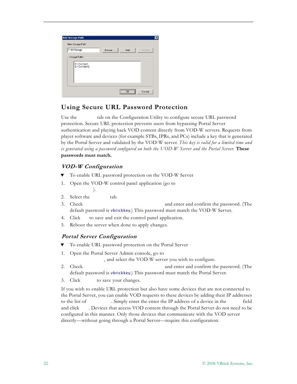 Using secure url password protection, Vod-w configuration, Portal server configuration | VBrick Systems VOD-W Server VBrick v4.2.3 User Manual | Page 30 / 92