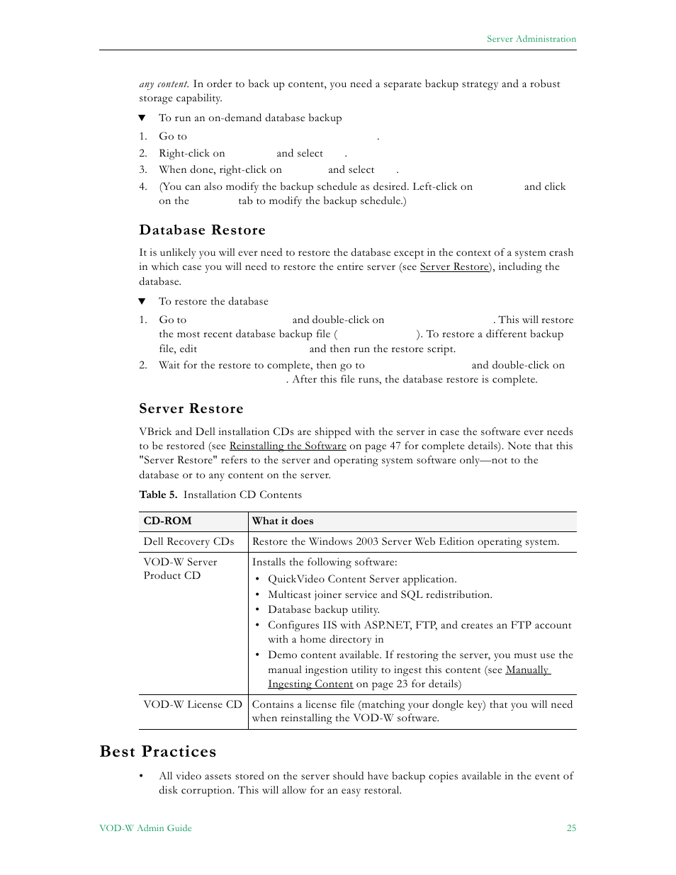 Database restore server restore, Best practices, Database restore | Server restore | VBrick Systems VOD-W Server VBrick v4.2.3 User Manual | Page 33 / 92