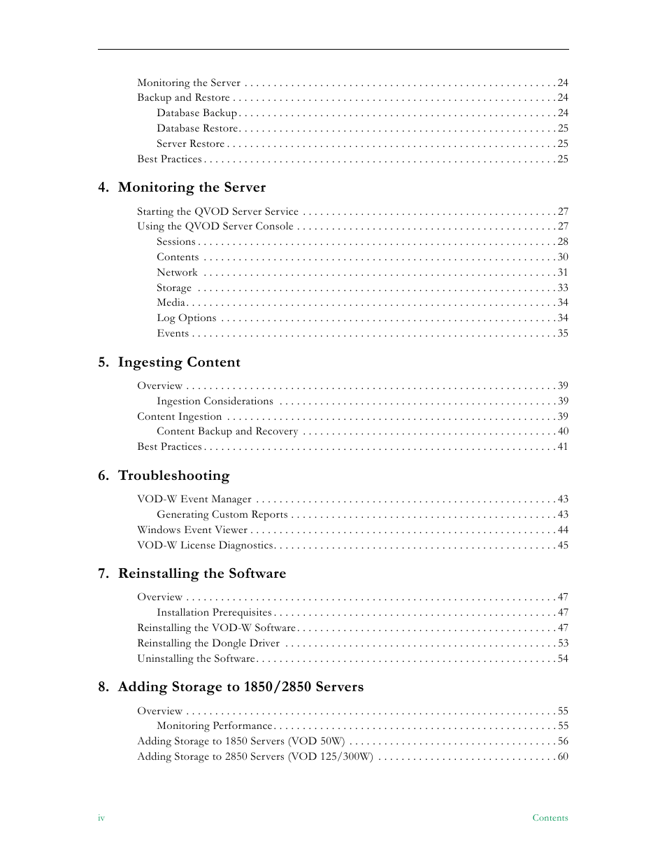 Monitoring the server, Ingesting content, Troubleshooting | Reinstalling the software | VBrick Systems VOD-W Server VBrick v4.2.3 User Manual | Page 4 / 92