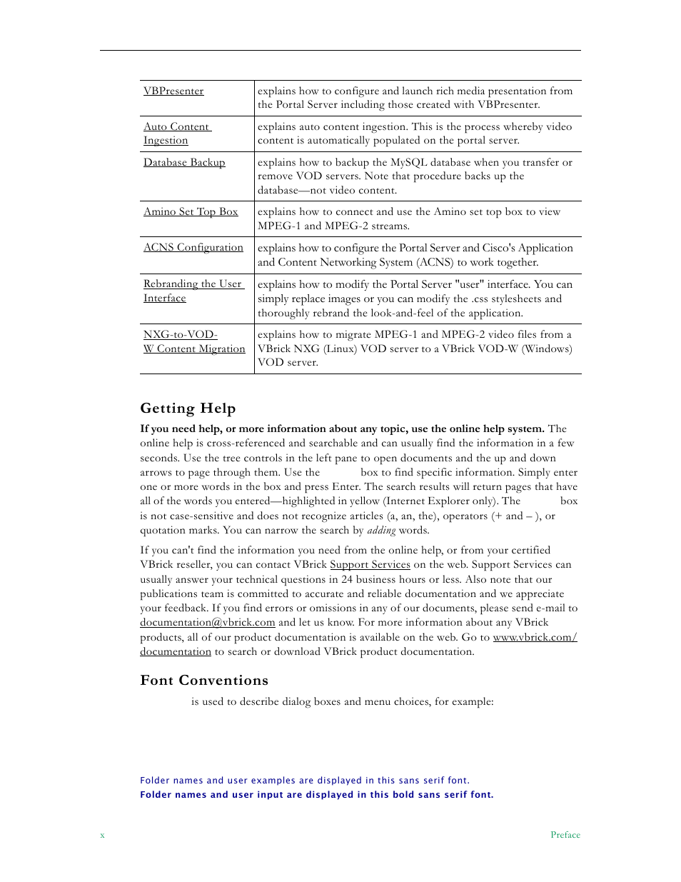 Getting help, Font conventions | VBrick Systems Portal Server ETV v4.2 User Manual | Page 10 / 164