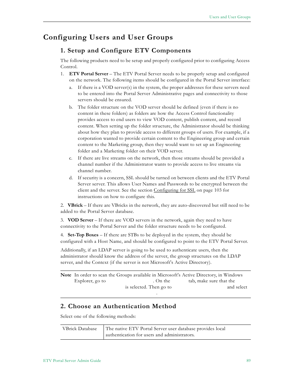 Configuring users and user groups, Setup and configure etv components, Choose an authentication method | VBrick Systems Portal Server ETV v4.2 User Manual | Page 101 / 164