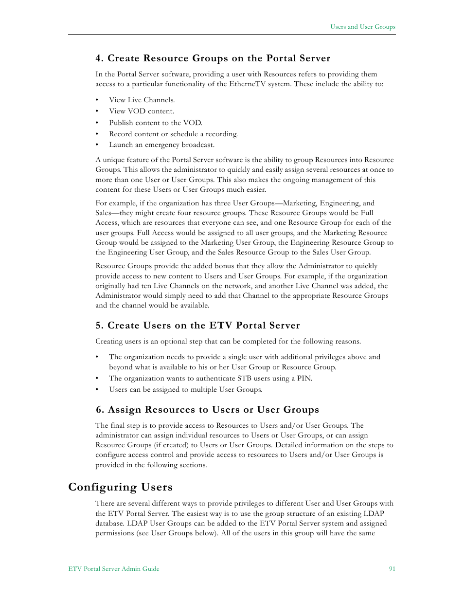 Configuring users, Create resource groups on the portal server, Create users on the etv portal server | Assign resources to users or user groups | VBrick Systems Portal Server ETV v4.2 User Manual | Page 103 / 164