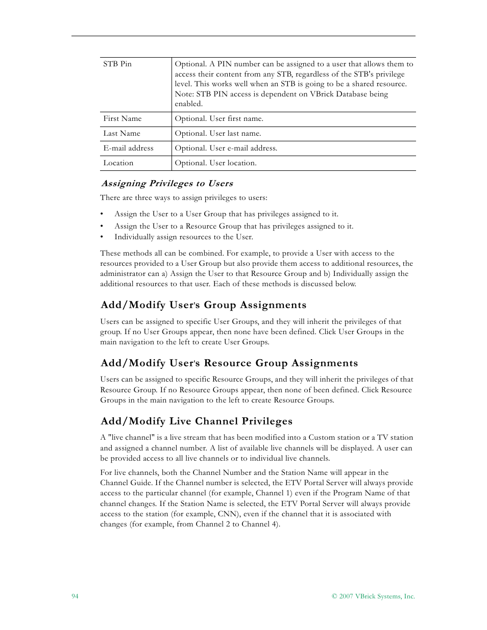 Add/modify user's group assignments, 94 add/modify user's resource group assignments, Add/modify user | S group assignments, S resource group assignments, Add/modify live channel privileges | VBrick Systems Portal Server ETV v4.2 User Manual | Page 106 / 164