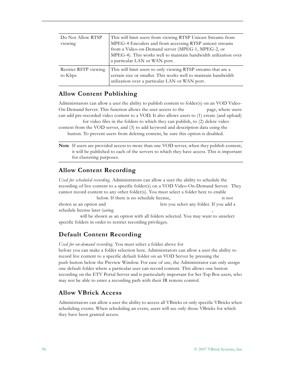 Allow content publishing, 96 allow content recording, 96 default content recording | 96 allow vbrick access, Allow content recording, Default content recording, Allow vbrick access | VBrick Systems Portal Server ETV v4.2 User Manual | Page 108 / 164