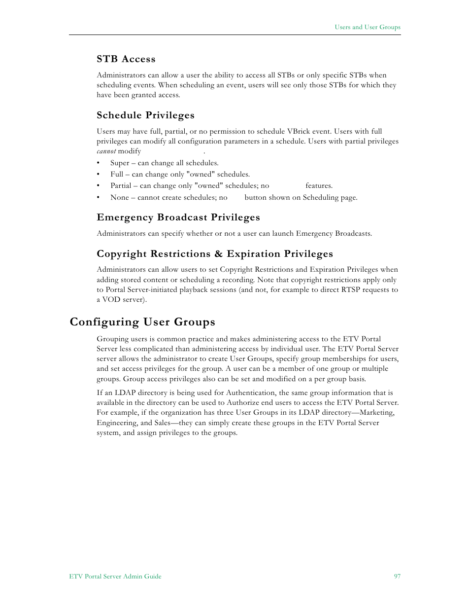 Configuring user groups, Stb access, 96 schedule privileges | 97 emergency broadcast privileges, 97 copyright restrictions & expiration privileges, Schedule privileges, Emergency broadcast privileges, Copyright restrictions & expiration privileges | VBrick Systems Portal Server ETV v4.2 User Manual | Page 109 / 164