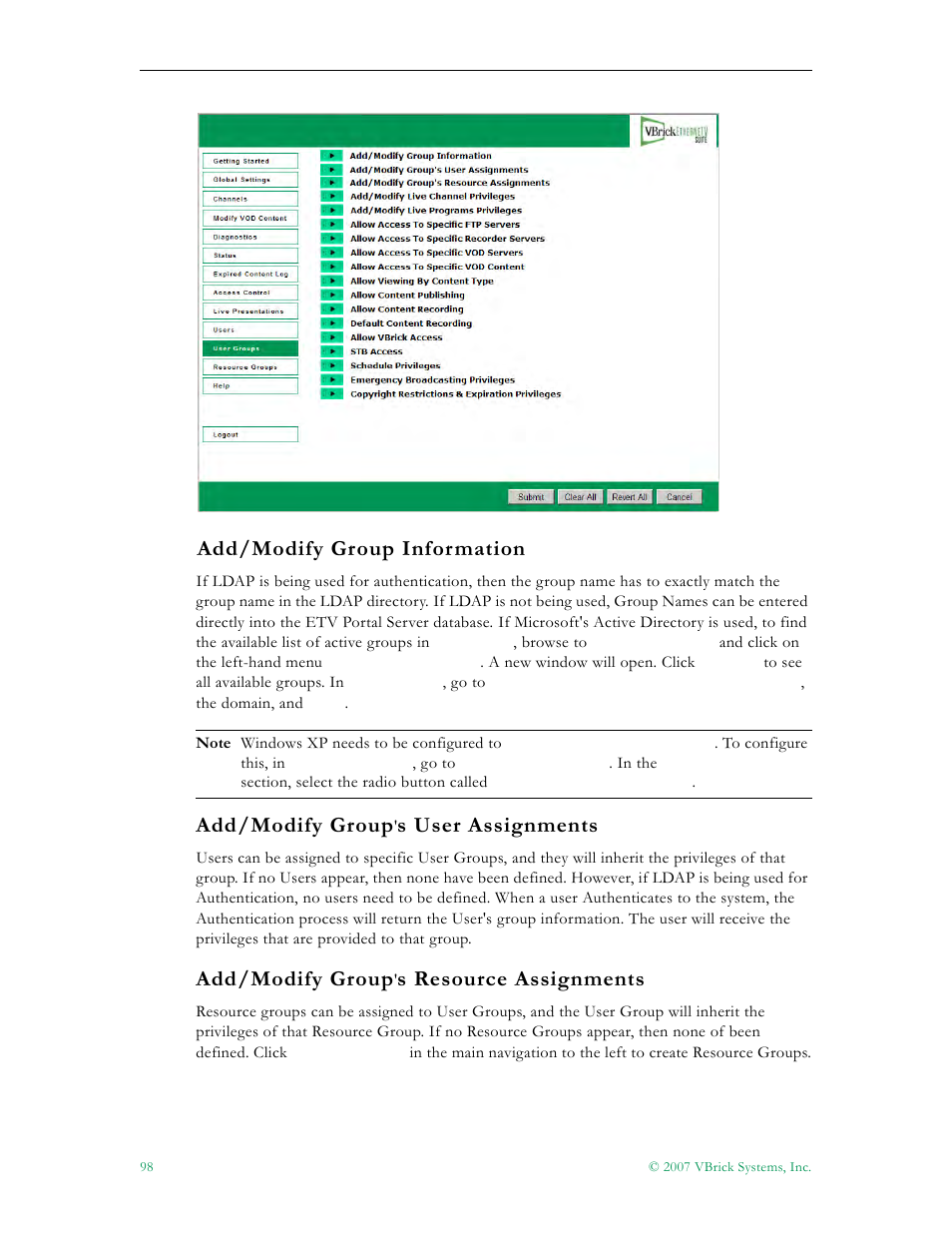 Add/modify group information, Add/modify group, S user assignments | S resource assignments | VBrick Systems Portal Server ETV v4.2 User Manual | Page 110 / 164