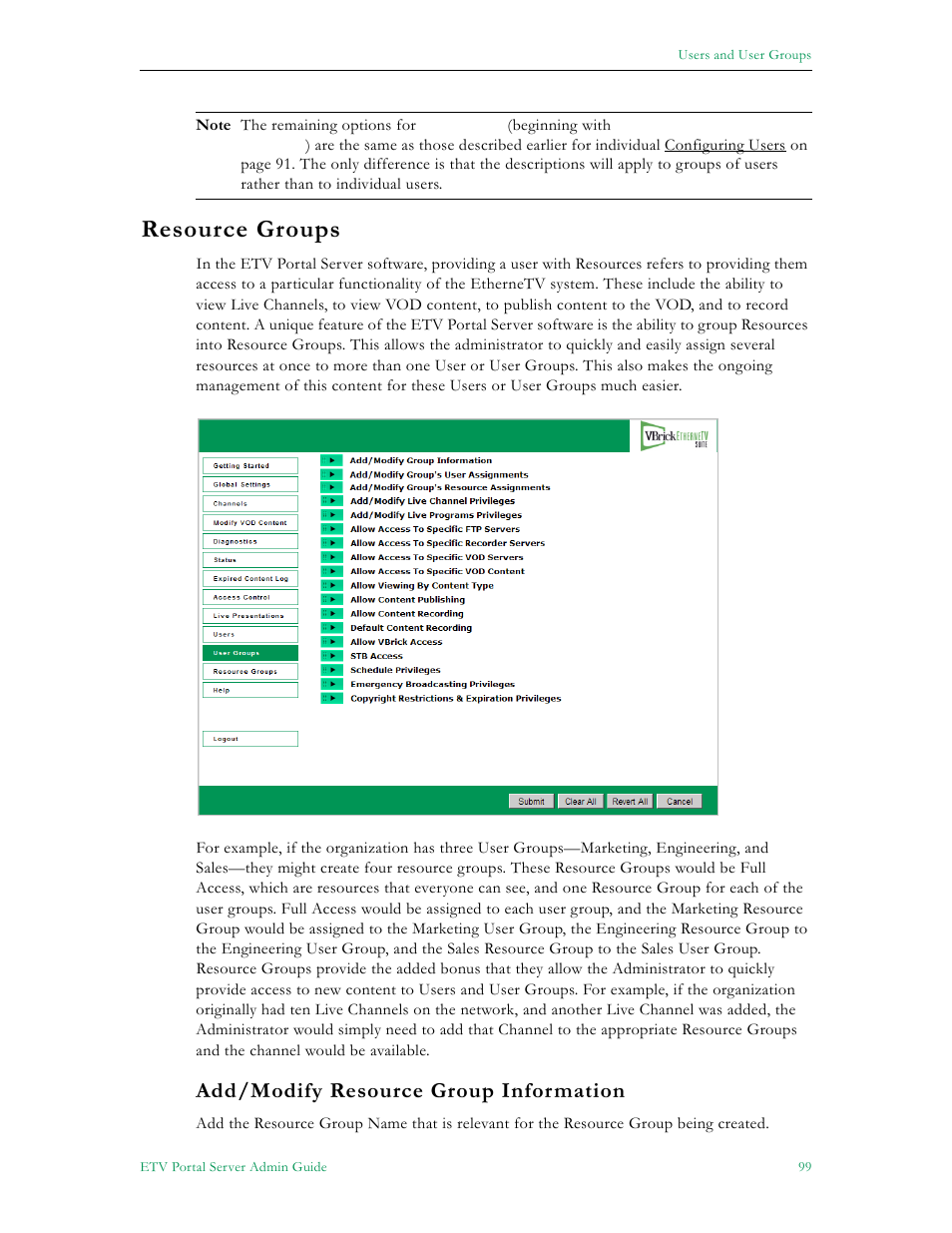 Resource groups, Add/modify resource group information | VBrick Systems Portal Server ETV v4.2 User Manual | Page 111 / 164