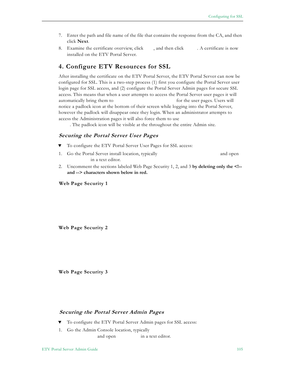 Configure etv resources for ssl, Securing the portal server user pages, Securing the portal server admin pages | VBrick Systems Portal Server ETV v4.2 User Manual | Page 117 / 164