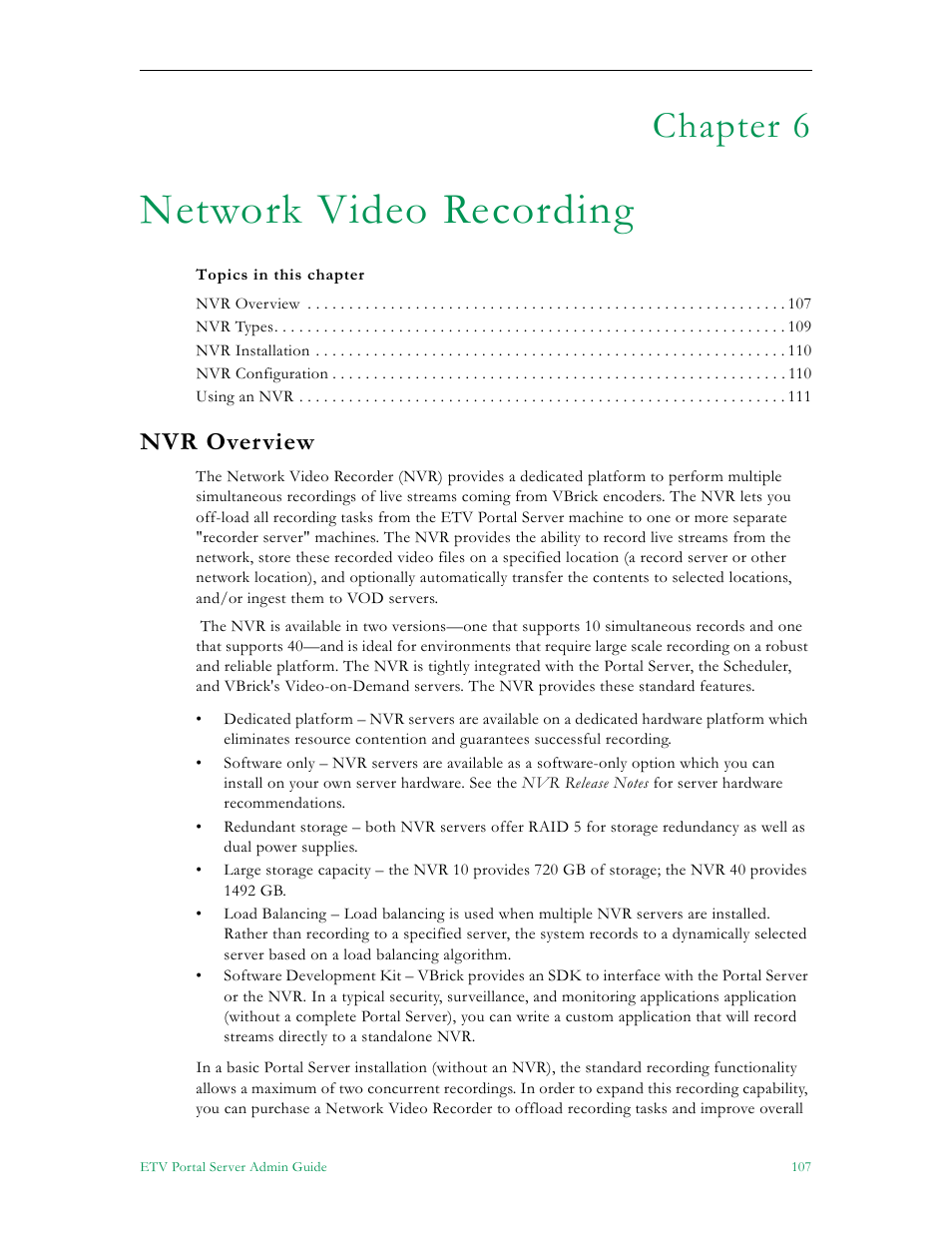 Network video recording, Nvr overview, Chapter 6 | VBrick Systems Portal Server ETV v4.2 User Manual | Page 119 / 164