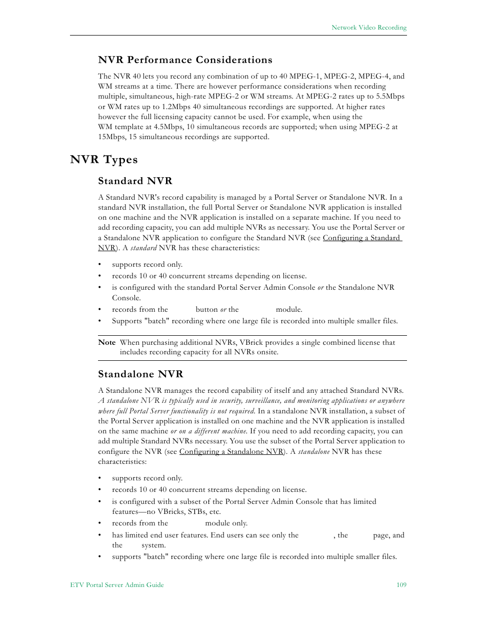 Nvr performance considerations, Nvr types, Standard nvr standalone nvr | Standard nvr, Standalone nvr | VBrick Systems Portal Server ETV v4.2 User Manual | Page 121 / 164