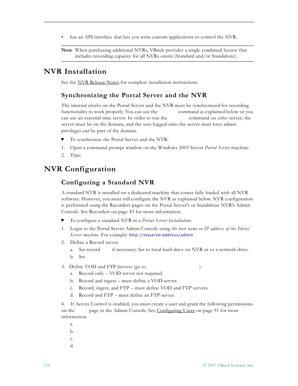 Nvr installation, Synchronizing the portal server and the nvr, Nvr configuration | Configuring a standard nvr, 110 nvr configuration | VBrick Systems Portal Server ETV v4.2 User Manual | Page 122 / 164