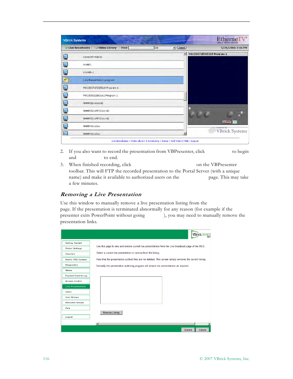 Removing a live presentation | VBrick Systems Portal Server ETV v4.2 User Manual | Page 128 / 164