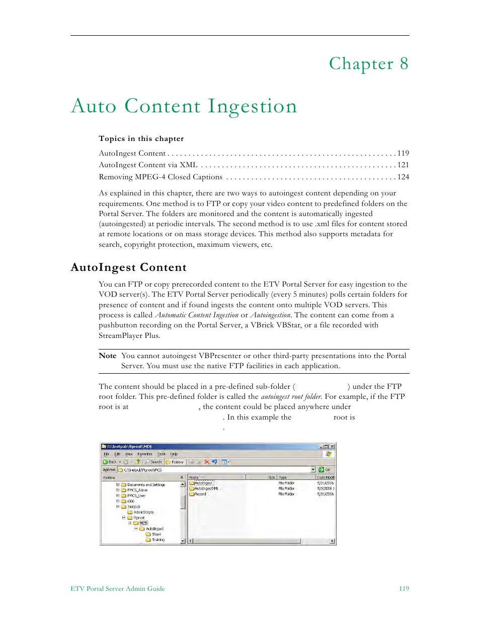 Auto content ingestion, Autoingest content, Chapter 8 | VBrick Systems Portal Server ETV v4.2 User Manual | Page 131 / 164