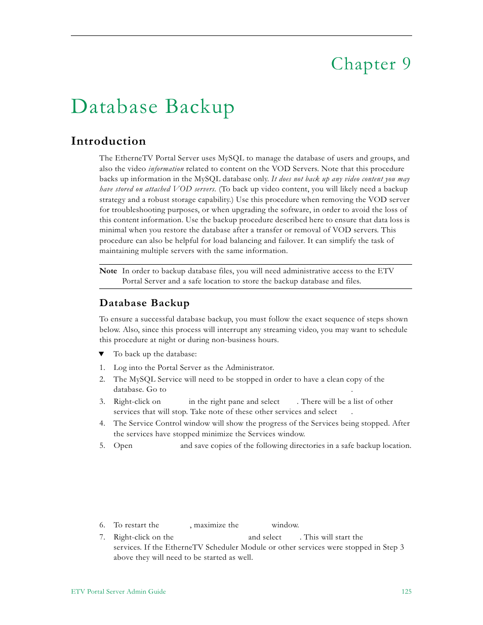 Database backup, Introduction, Chapter 9 | VBrick Systems Portal Server ETV v4.2 User Manual | Page 137 / 164