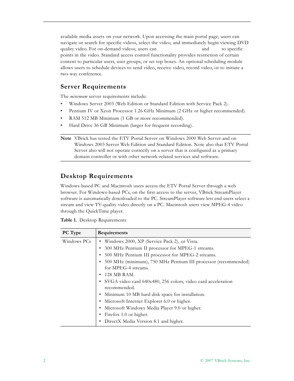 Server requirements desktop requirements, Server requirements, Desktop requirements | VBrick Systems Portal Server ETV v4.2 User Manual | Page 14 / 164