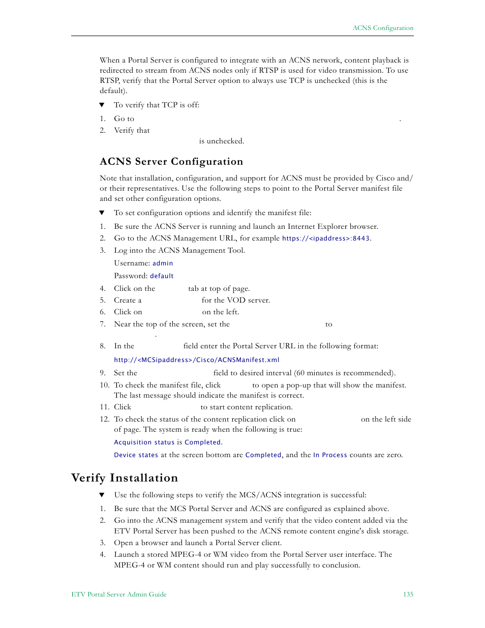 Acns server configuration, Verify installation | VBrick Systems Portal Server ETV v4.2 User Manual | Page 147 / 164