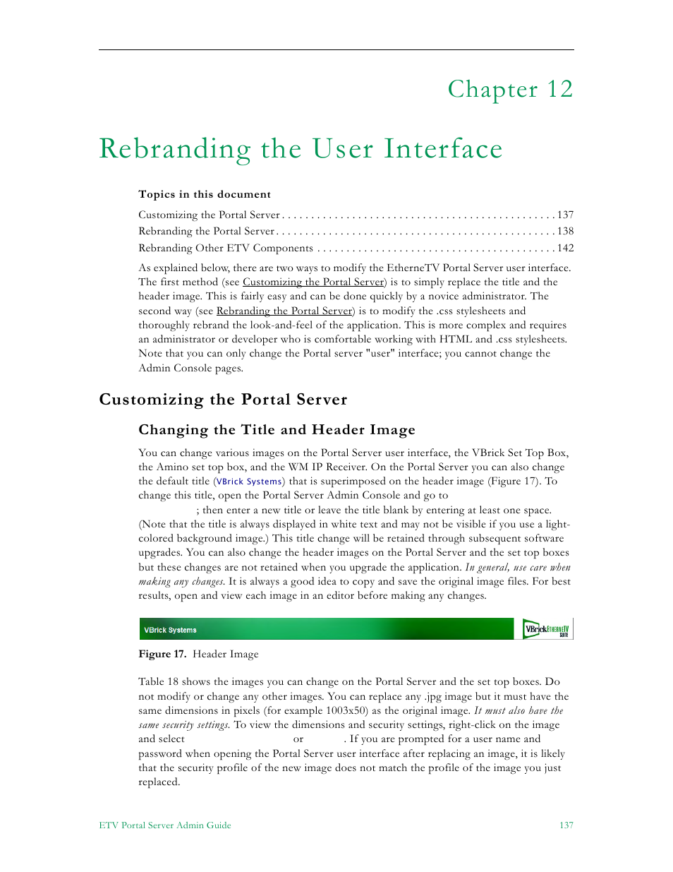 Rebranding the user interface, Customizing the portal server, Changing the title and header image | Chapter 12 | VBrick Systems Portal Server ETV v4.2 User Manual | Page 149 / 164