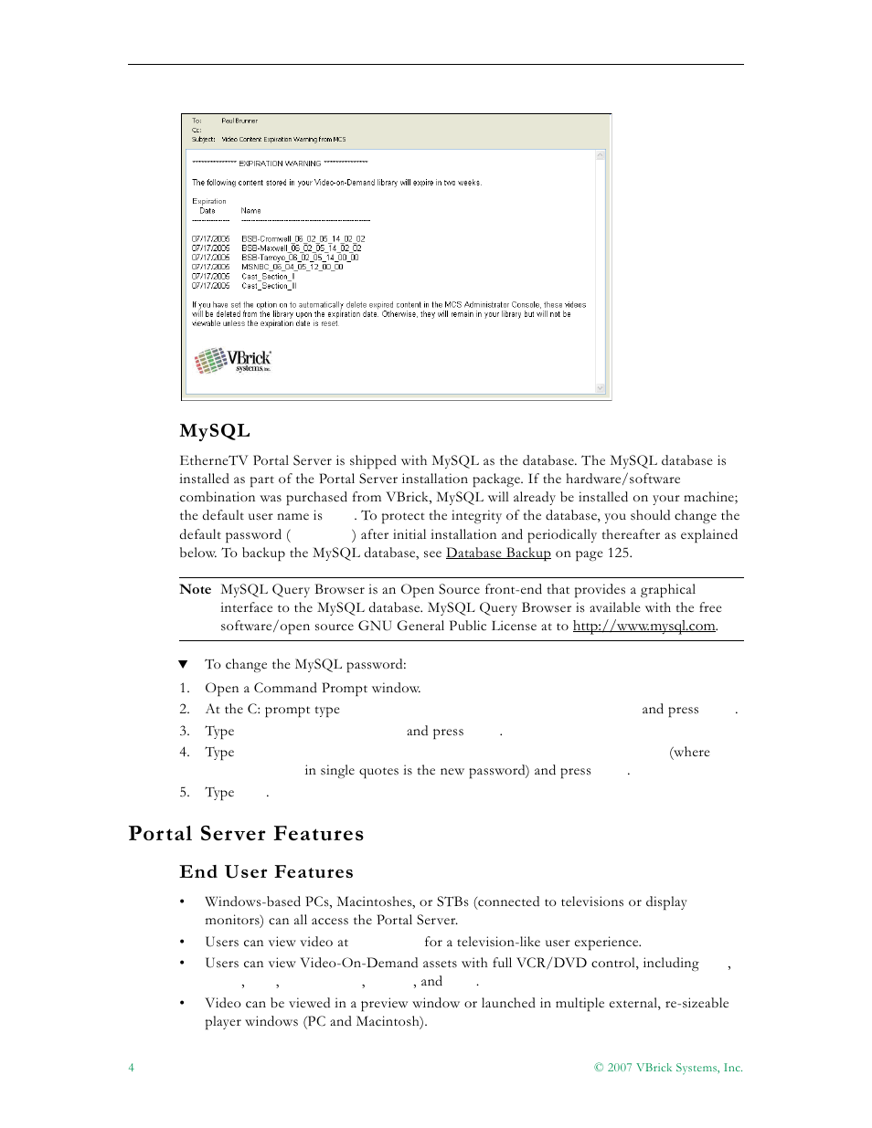 Mysql, Portal server features, End user features | VBrick Systems Portal Server ETV v4.2 User Manual | Page 16 / 164