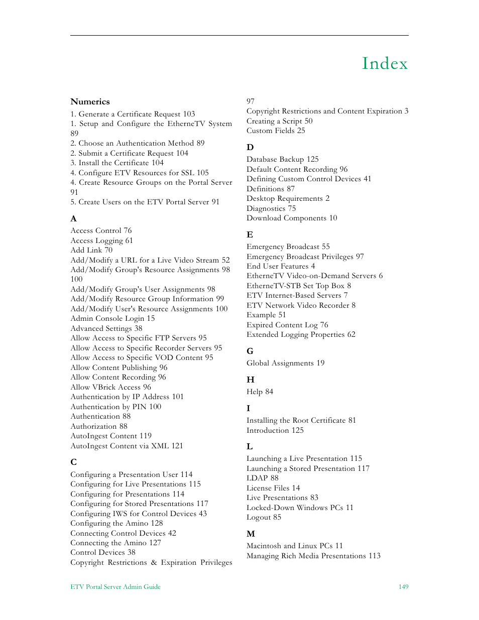 Index | VBrick Systems Portal Server ETV v4.2 User Manual | Page 161 / 164