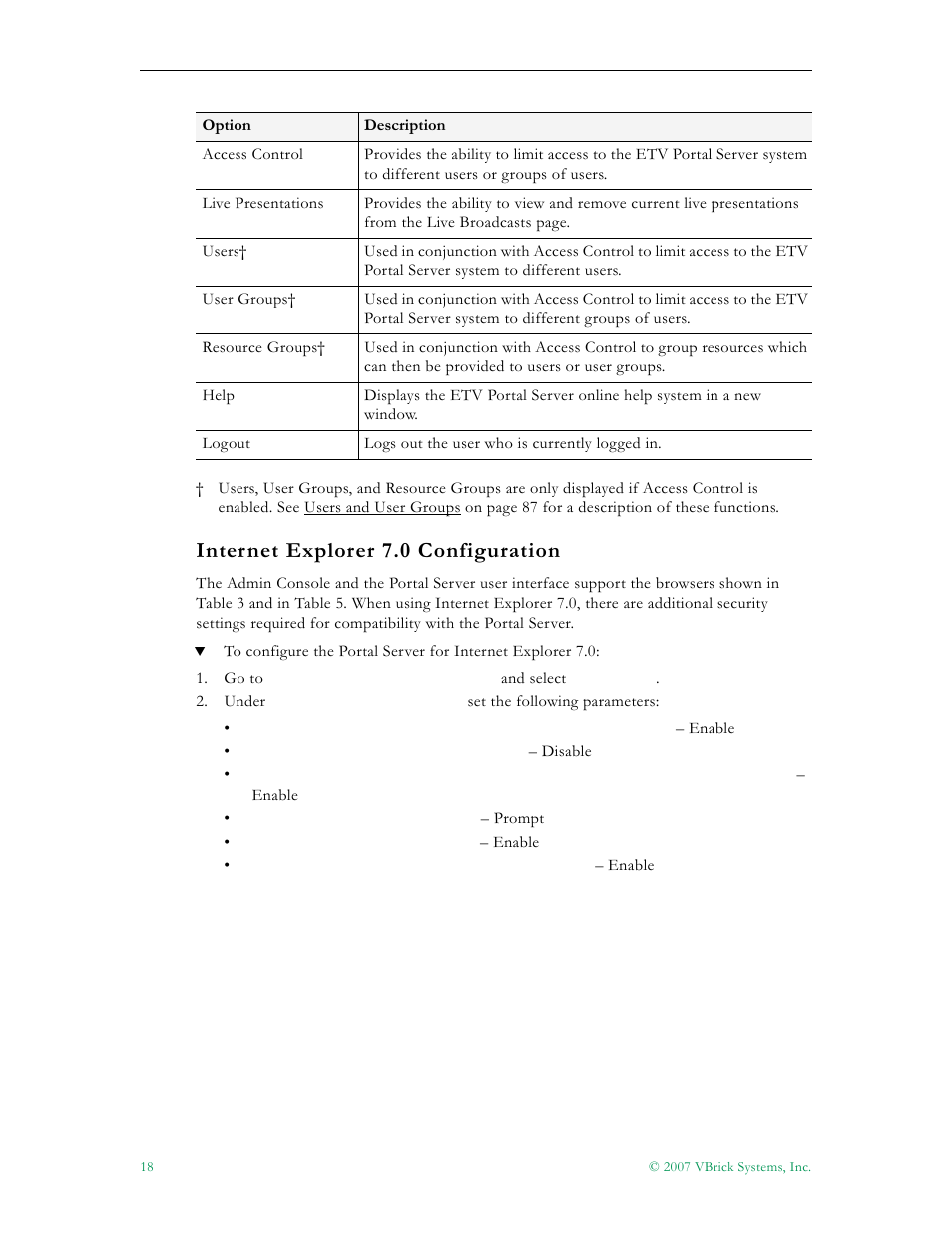 Internet explorer 7.0 configuration | VBrick Systems Portal Server ETV v4.2 User Manual | Page 30 / 164