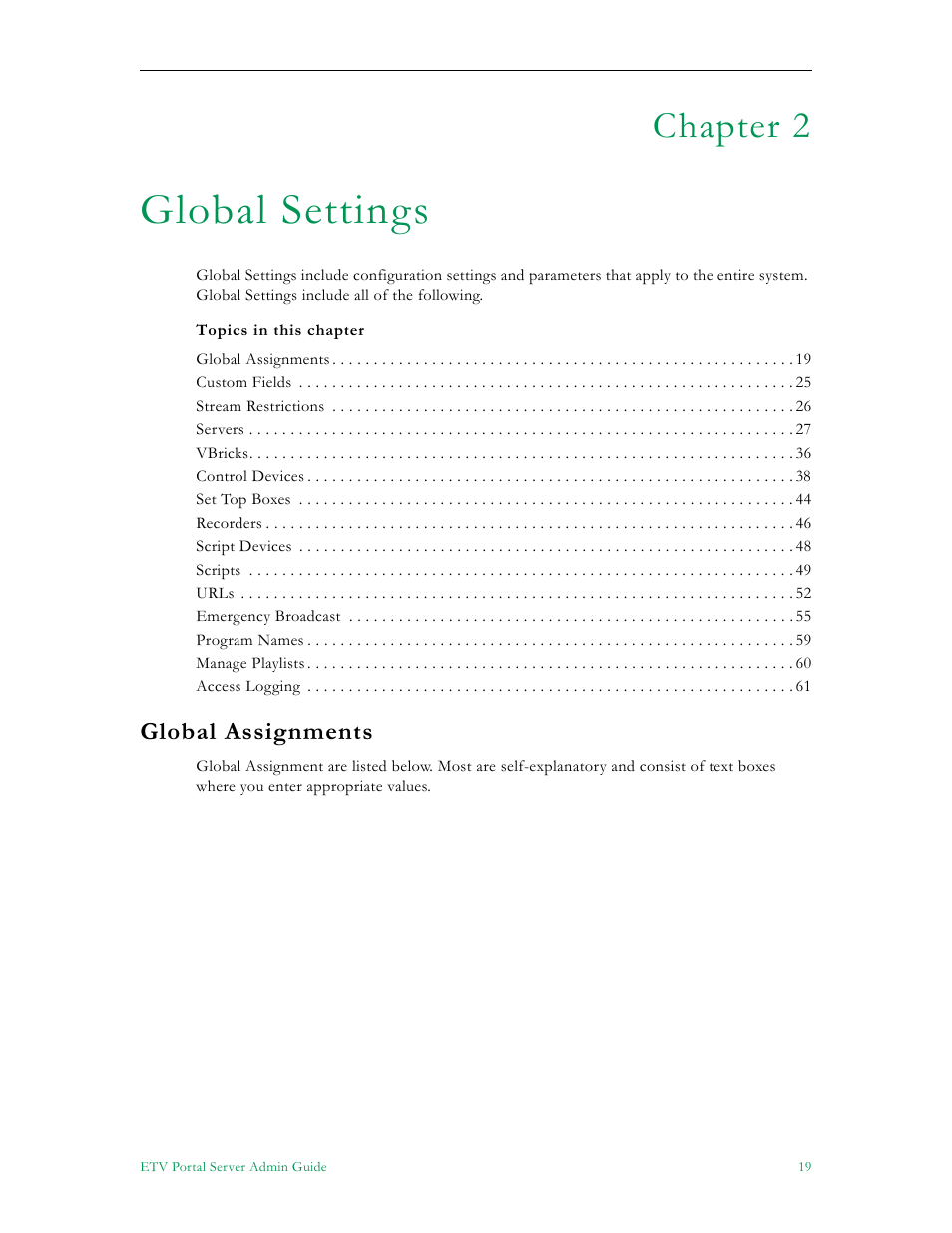 Global settings, Global assignments, In global assignments | Chapter 2 | VBrick Systems Portal Server ETV v4.2 User Manual | Page 31 / 164