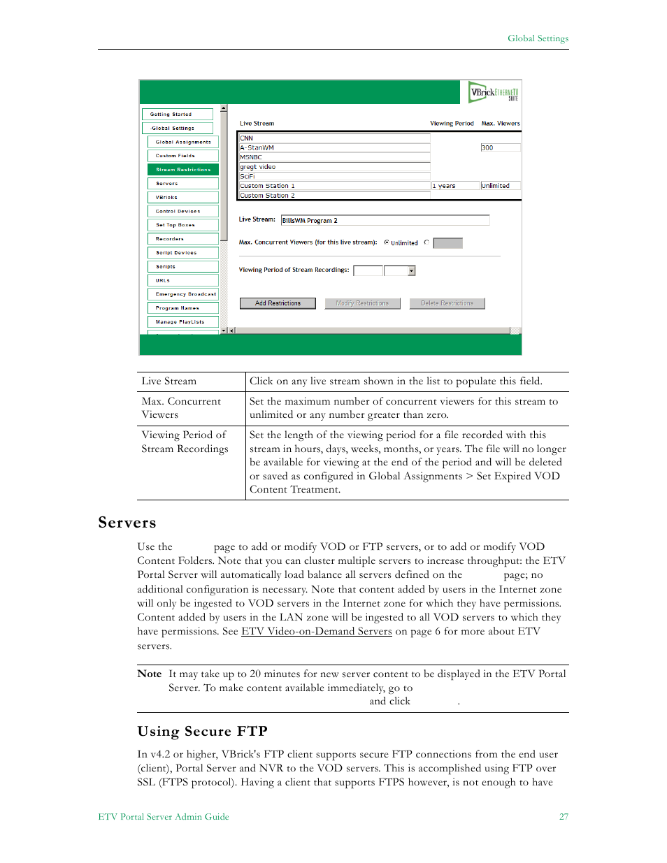 Servers, Using secure ftp | VBrick Systems Portal Server ETV v4.2 User Manual | Page 39 / 164