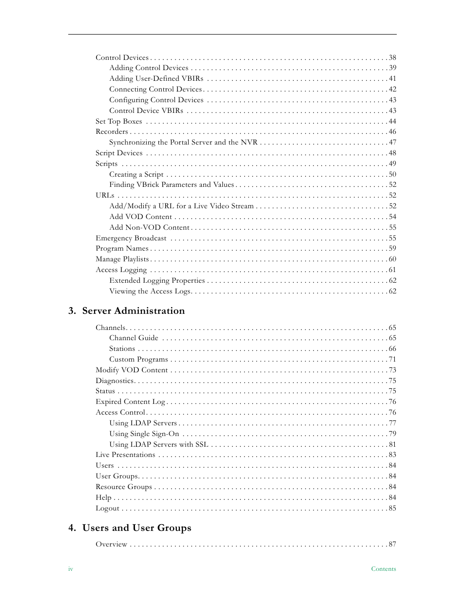 Server administration, Users and user groups | VBrick Systems Portal Server ETV v4.2 User Manual | Page 4 / 164