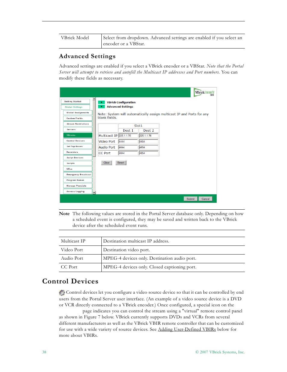 Advanced settings, Control devices | VBrick Systems Portal Server ETV v4.2 User Manual | Page 50 / 164