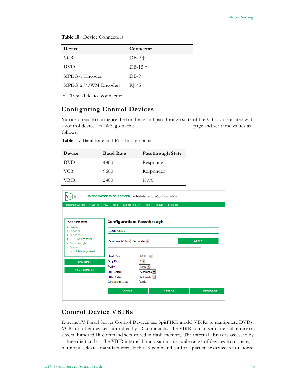 Configuring control devices control device vbirs, Configuring control devices, Control device vbirs | VBrick Systems Portal Server ETV v4.2 User Manual | Page 55 / 164