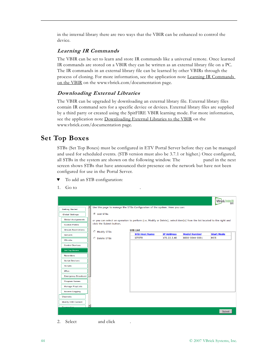 Set top boxes, Learning ir commands, Downloading external libraries | VBrick Systems Portal Server ETV v4.2 User Manual | Page 56 / 164
