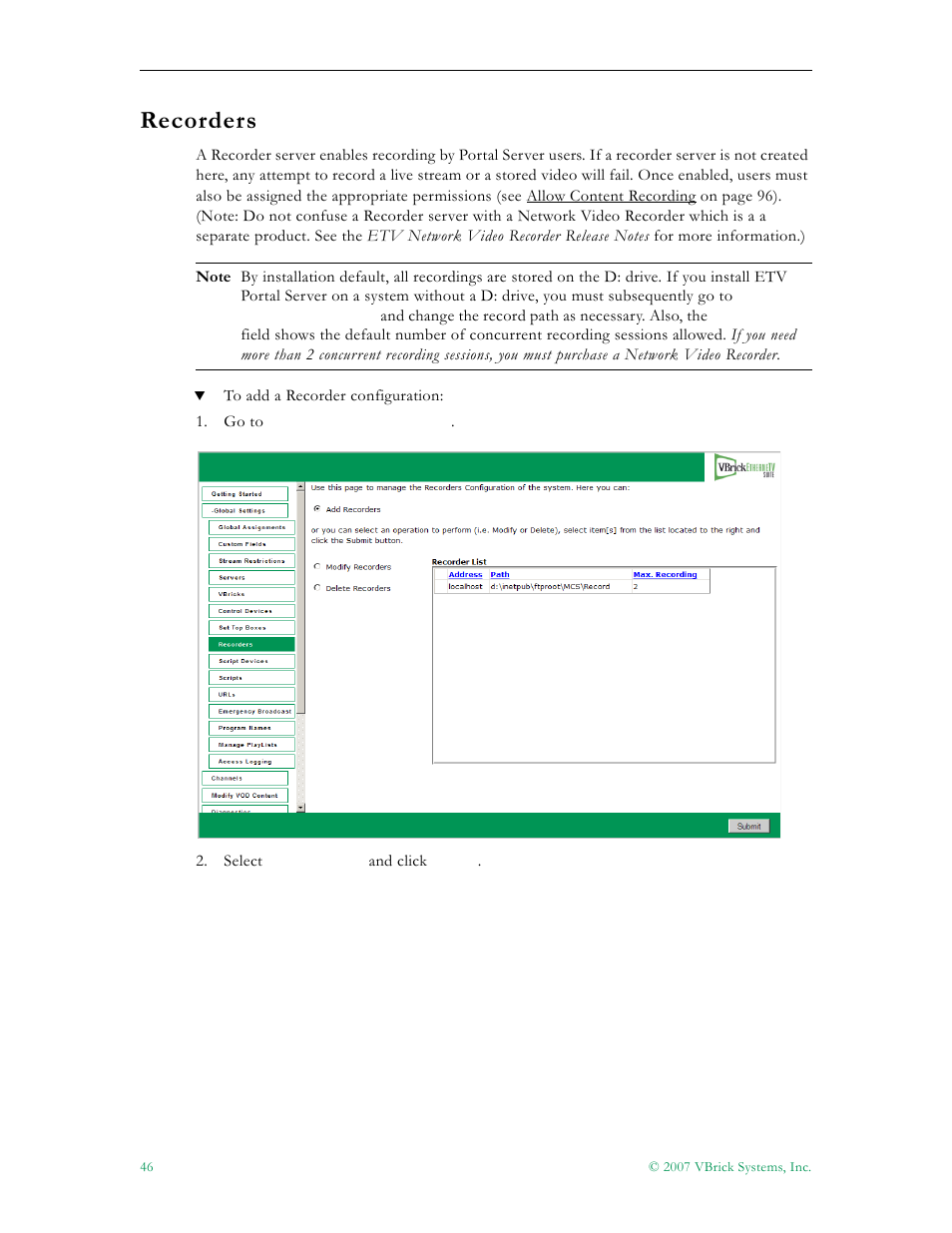 Recorders | VBrick Systems Portal Server ETV v4.2 User Manual | Page 58 / 164