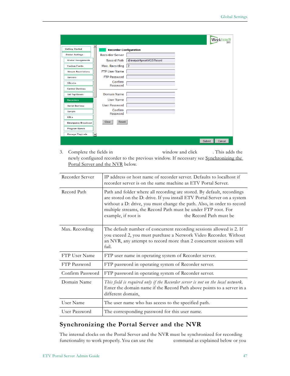 Synchronizing the portal server and the nvr | VBrick Systems Portal Server ETV v4.2 User Manual | Page 59 / 164