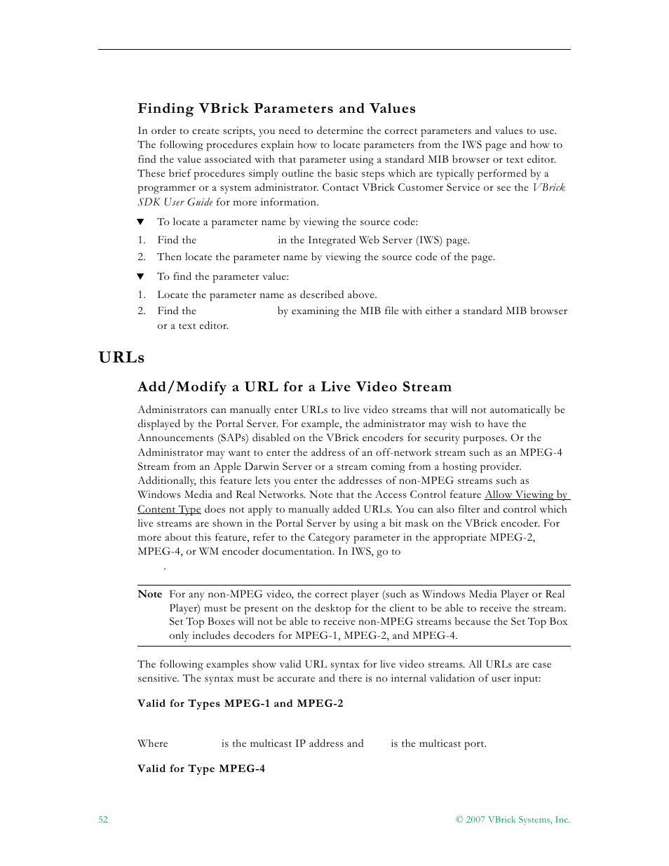 Finding vbrick parameters and values, Urls, Add/modify a url for a live video stream | VBrick Systems Portal Server ETV v4.2 User Manual | Page 64 / 164