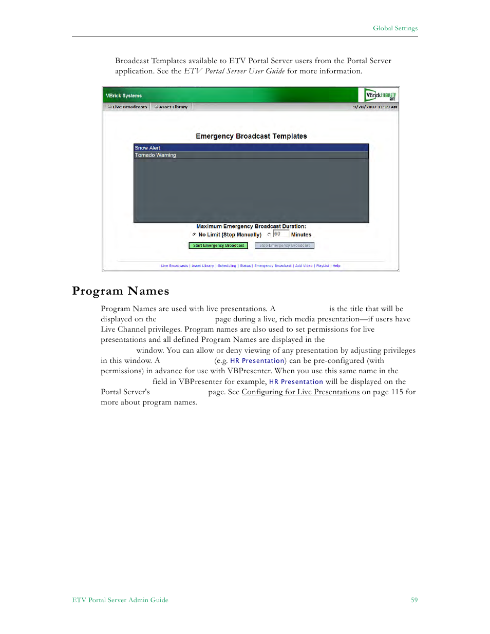 Program names | VBrick Systems Portal Server ETV v4.2 User Manual | Page 71 / 164