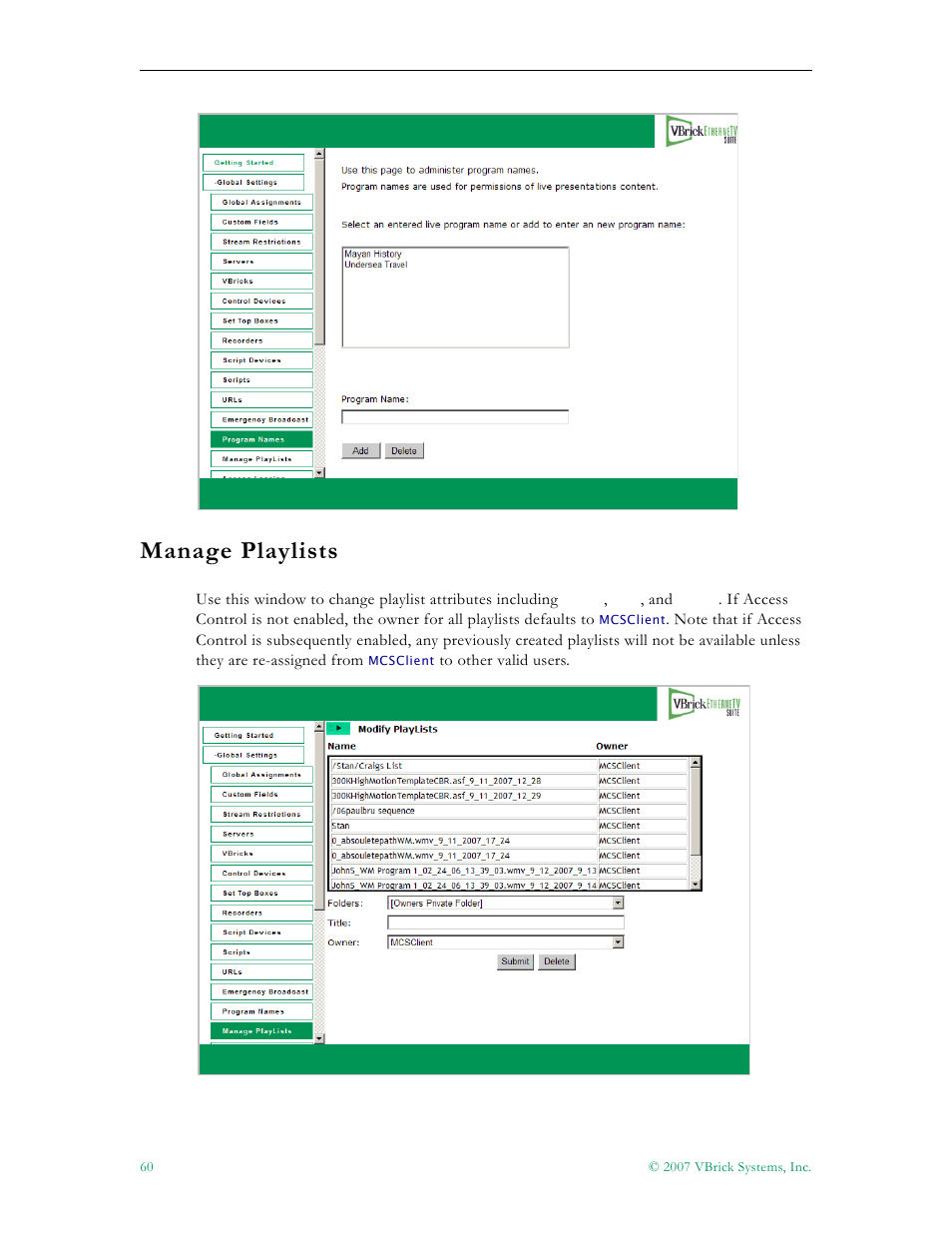 Manage playlists | VBrick Systems Portal Server ETV v4.2 User Manual | Page 72 / 164