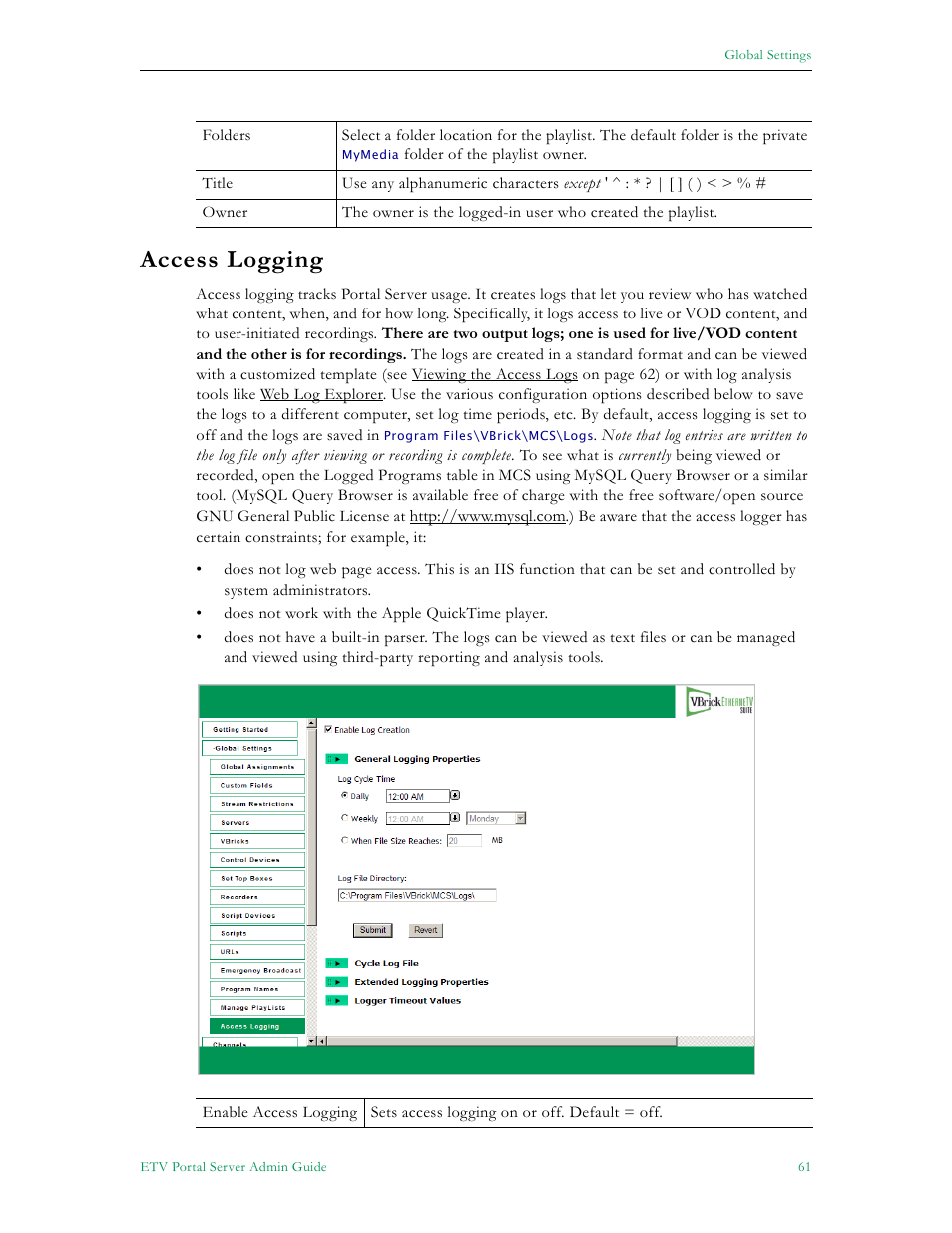 Access logging | VBrick Systems Portal Server ETV v4.2 User Manual | Page 73 / 164