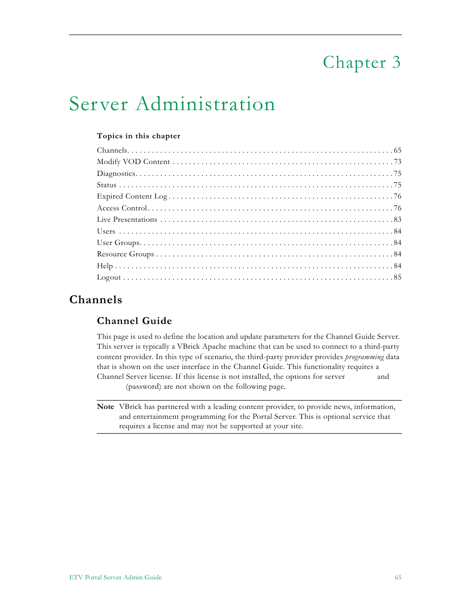 Server administration, Channels, Channel guide | Chapter 3 | VBrick Systems Portal Server ETV v4.2 User Manual | Page 77 / 164