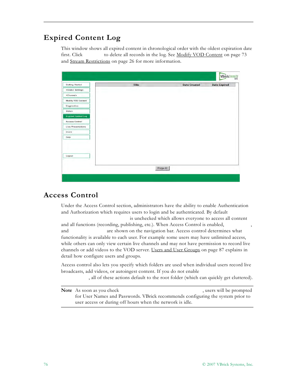 Expired content log access control, Expired content log, 76 access control | Access control | VBrick Systems Portal Server ETV v4.2 User Manual | Page 88 / 164